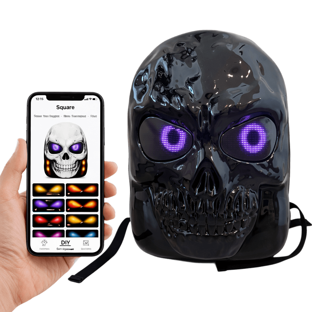 iLED app showing the eye-design library on a phone next to the Skull LED Backpack